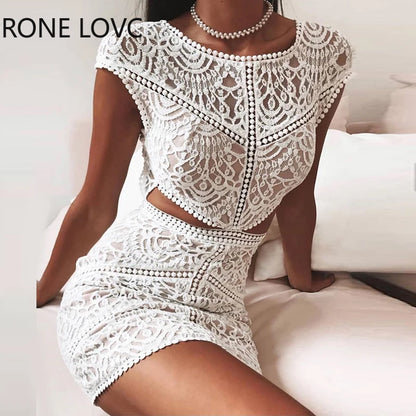 Solid Crochet Lace Mesh Mini Dress.