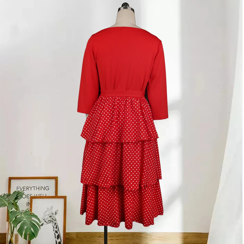 Women Long Sleeves Cake Ruffles High Waist Dress.