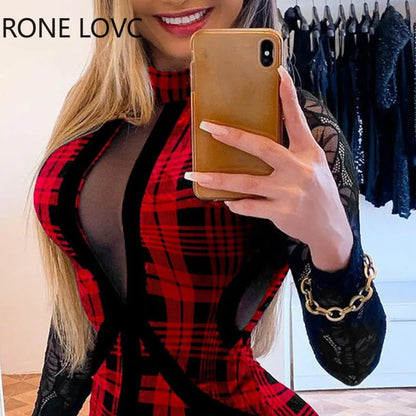 Sexy Plaid Turtleneck Mesh Patchwork Red Dress.