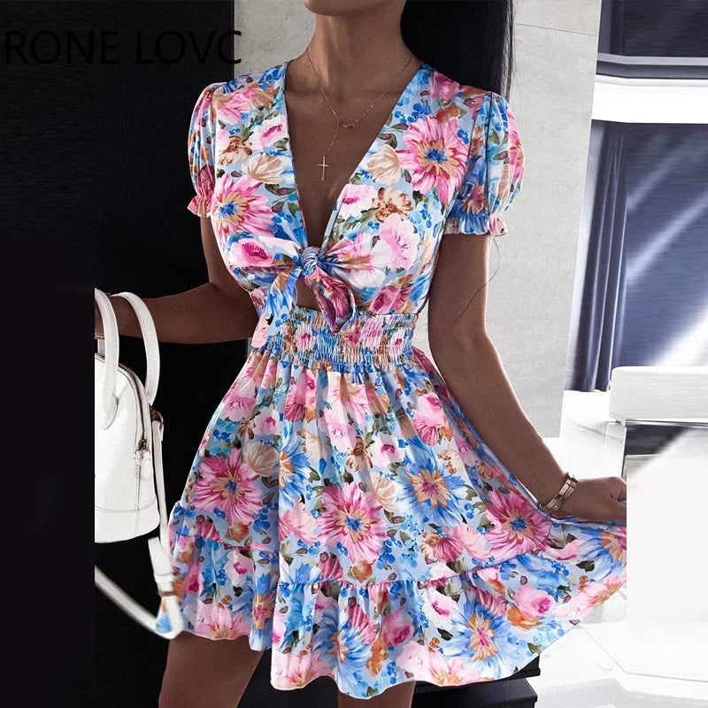 Women Floral Print Puff Sleeve Mini Dress.