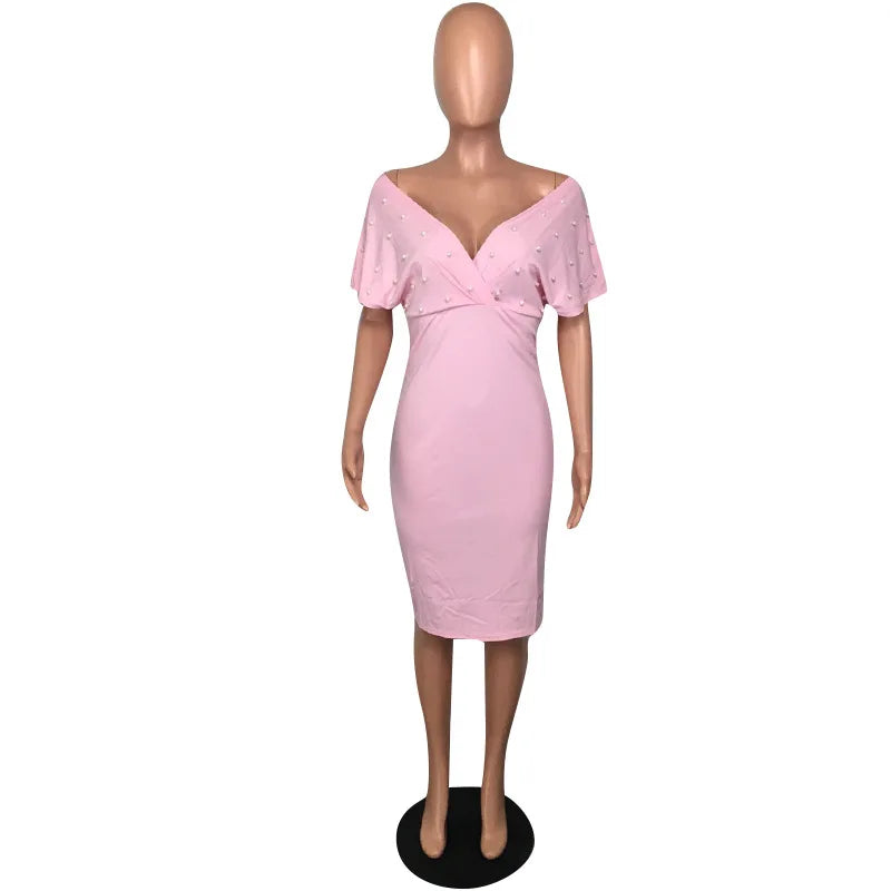 Women V Neck with Bead Classy Lady Slim Dress.