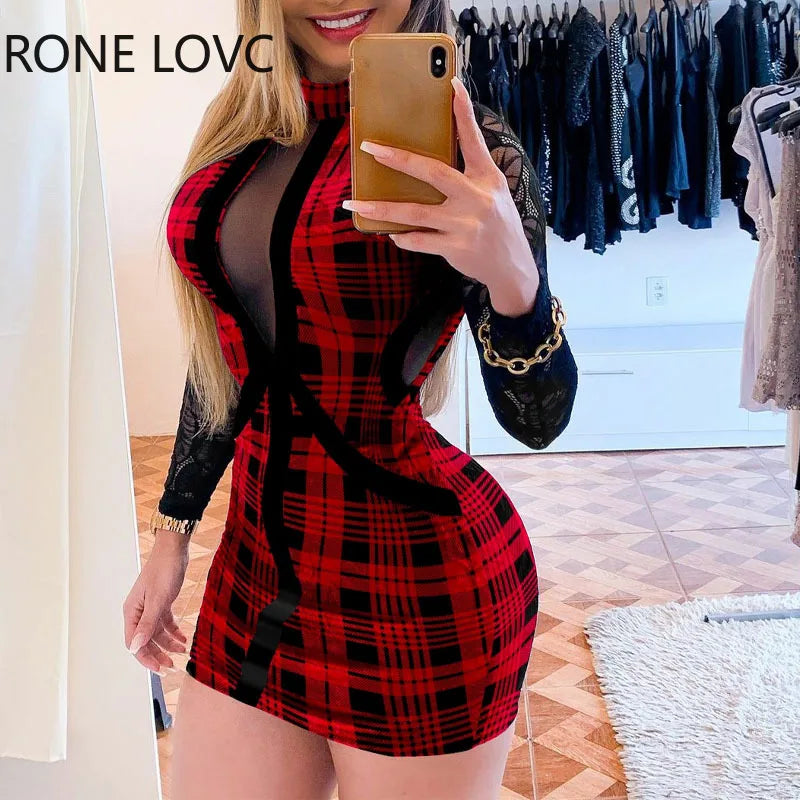 Sexy Plaid Turtleneck Mesh Patchwork Red Dress.