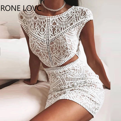 Solid Crochet Lace Mesh Mini Dress.