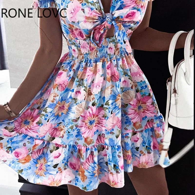 Women Floral Print Puff Sleeve Mini Dress.