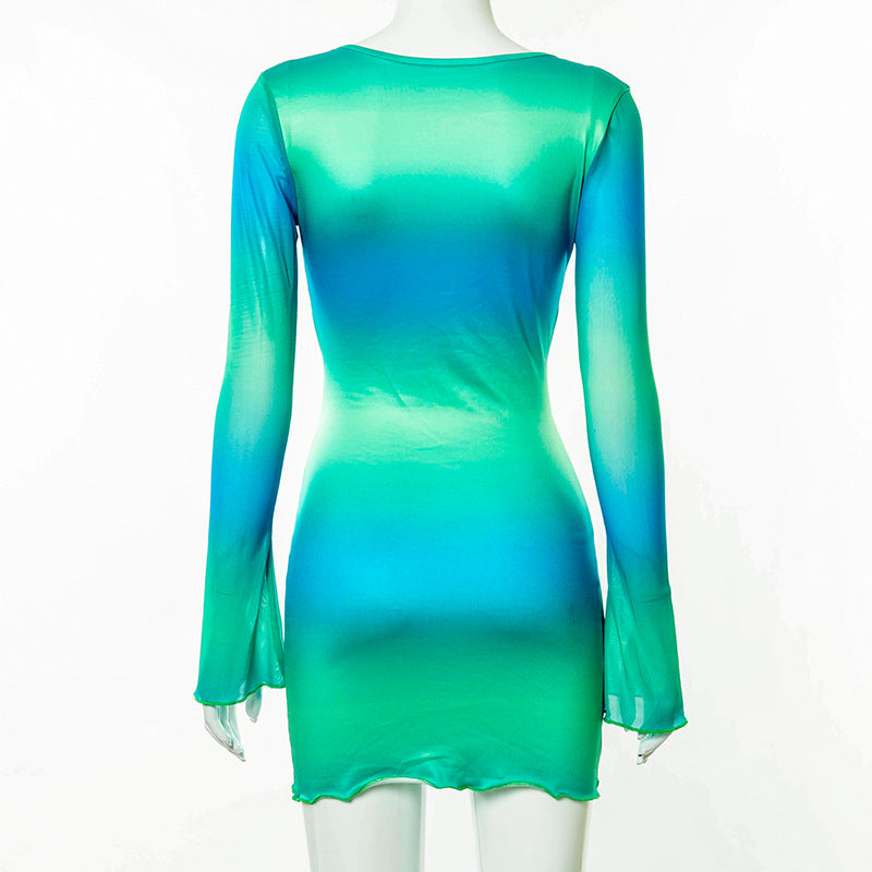 Women V-neck Mini Long Sleeve Hollow Out Y2K Dress.