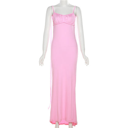 Pink Backless Spaghetti Strap Sexy Maxi Dress.