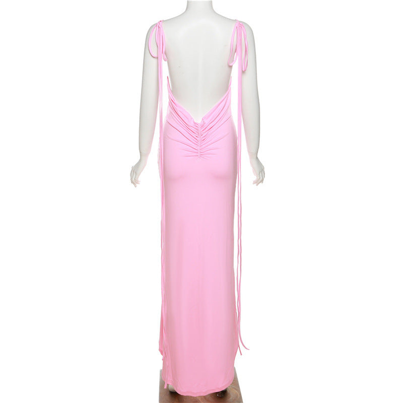 Pink Backless Spaghetti Strap Sexy Maxi Dress.