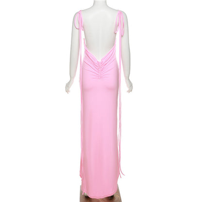 Pink Backless Spaghetti Strap Sexy Maxi Dress.