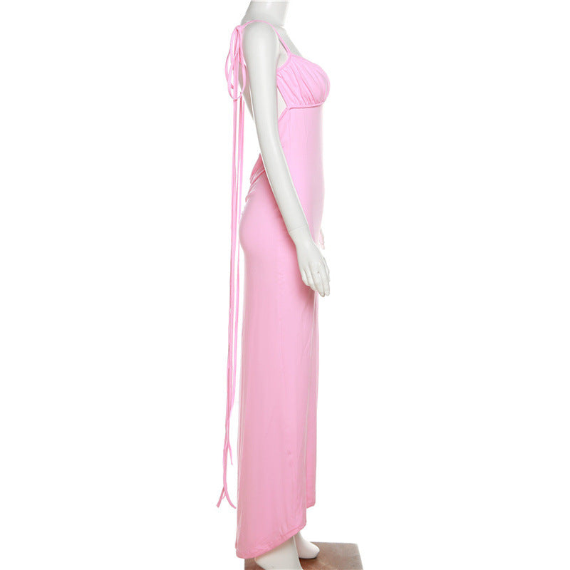 Pink Backless Spaghetti Strap Sexy Maxi Dress.