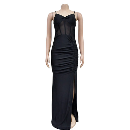 Mesh Split Sling Strap Evening Dress.