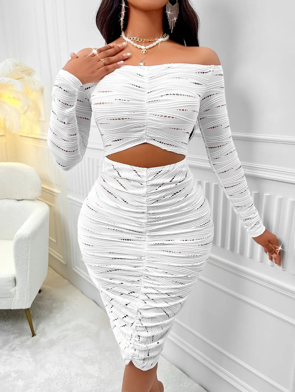 White Sexy Off Shoulder Hollow Out Knee Dress.