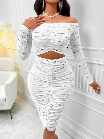 White Sexy Off Shoulder Hollow Out Knee Dress.