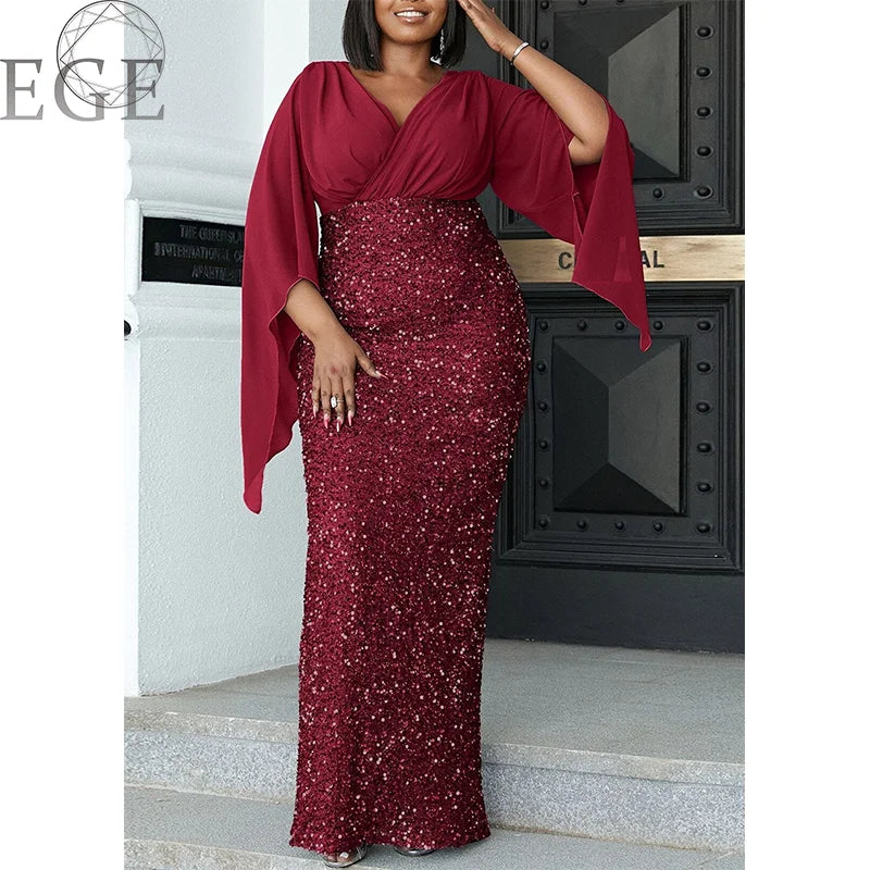 Plus Size Shiny Chiffon Midi V Neck Dress.