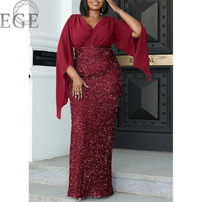 Plus Size Shiny Chiffon Midi V Neck Dress.