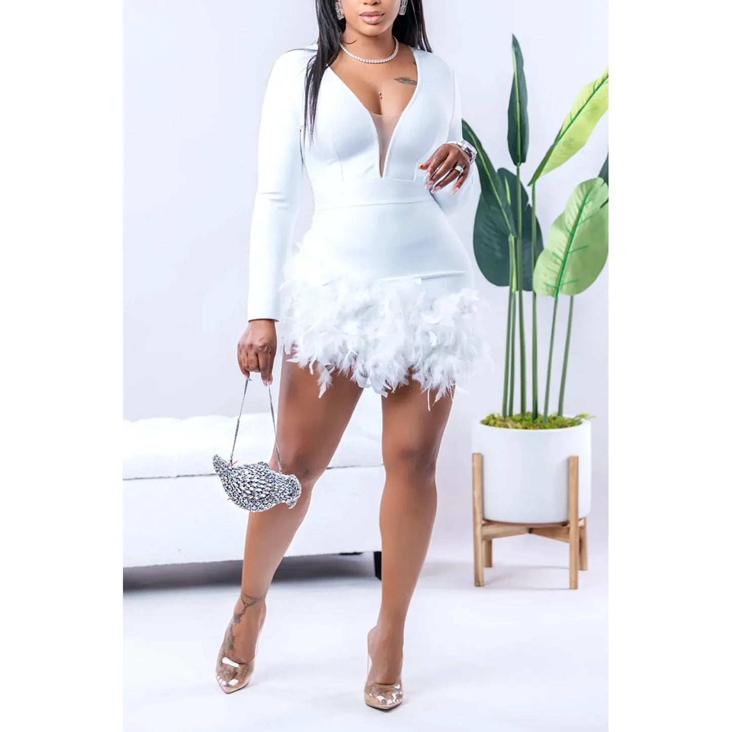 Women Sexy V Neck Long Sleeve Feather Dress.