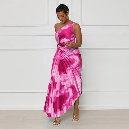 Oblique Single Shoulder Pleated Print Long Dress.
