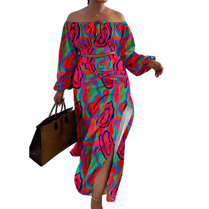 Printed Lantern Sleeve Slit One-shoulder Long Dress.