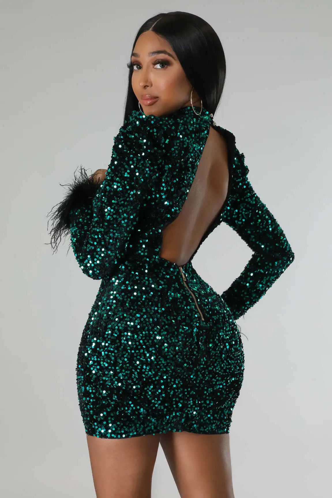 Sequins Lantern Sleeve Mini Dress.