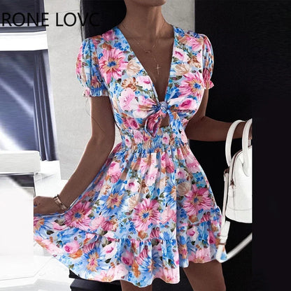 Women Floral Print Puff Sleeve Mini Dress.