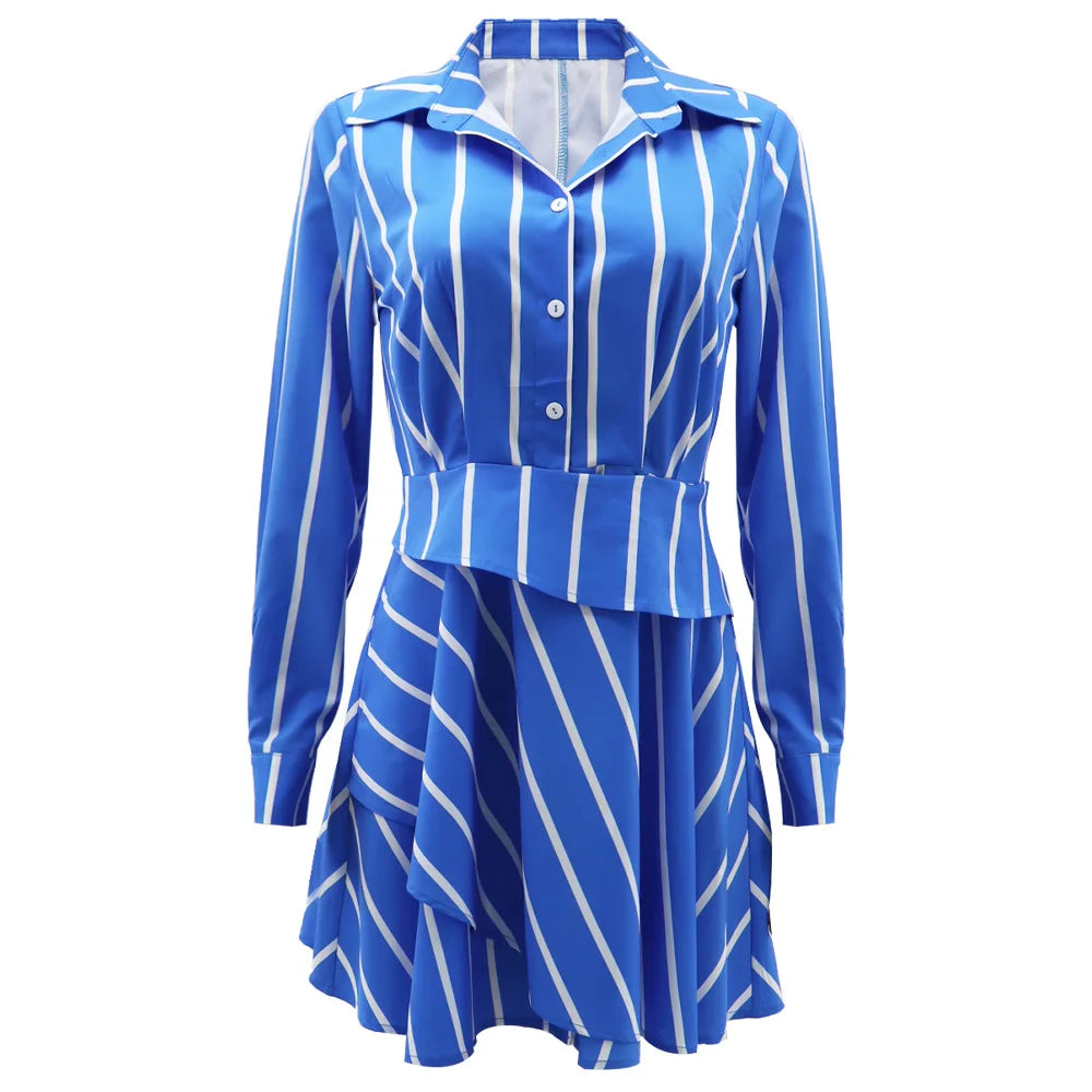 Polo Neck Striped Button Print Dress.