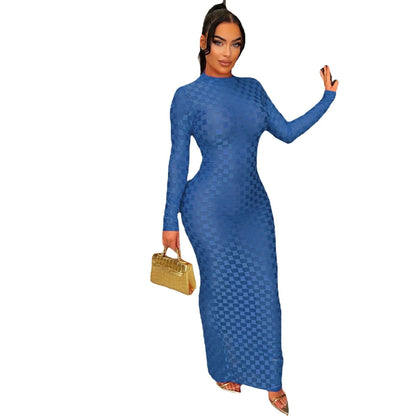 Slim Fit Elastic Mesh Round Neck Dress.