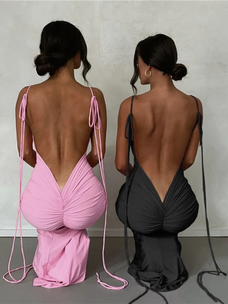 Pink Backless Spaghetti Strap Sexy Maxi Dress.