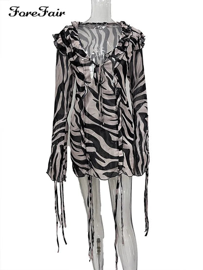 Zebra Print Mini Beach See Through Mesh Dress.