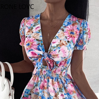 Women Floral Print Puff Sleeve Mini Dress.