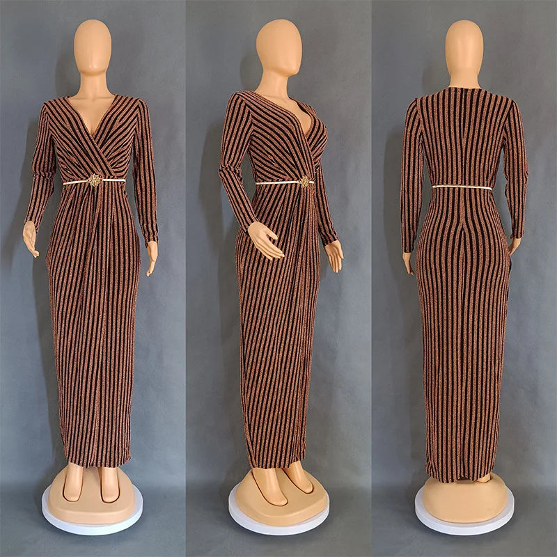 Gold and Silver Stripe Wrapped Hip Party Dress.