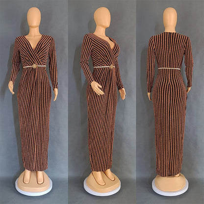 Gold and Silver Stripe Wrapped Hip Party Dress.