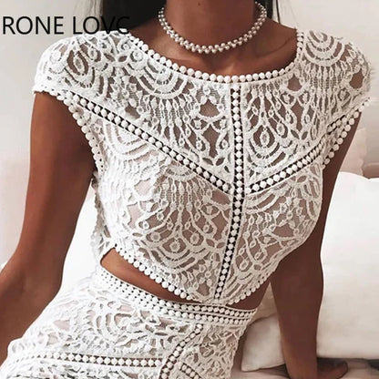 Solid Crochet Lace Mesh Mini Dress.