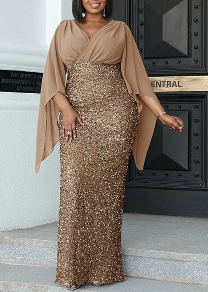 Plus Size Shiny Chiffon Midi V Neck Dress.