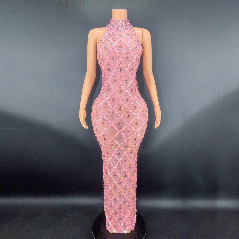 Silver Rhinestone Transparent Long Evening Dress.