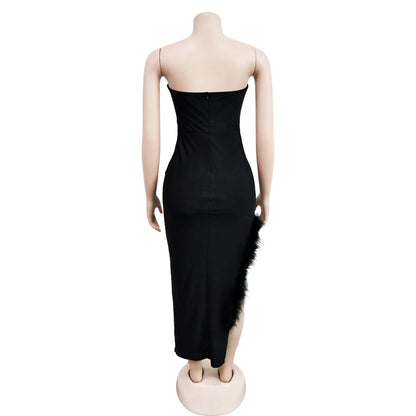 Feather Wrapped Chest Sleeveless Strapless Slim Dress.