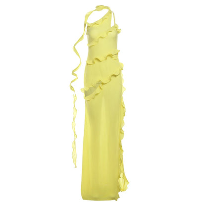 See Through Sleeveless Ribbon Hollow Ruffles Dress.