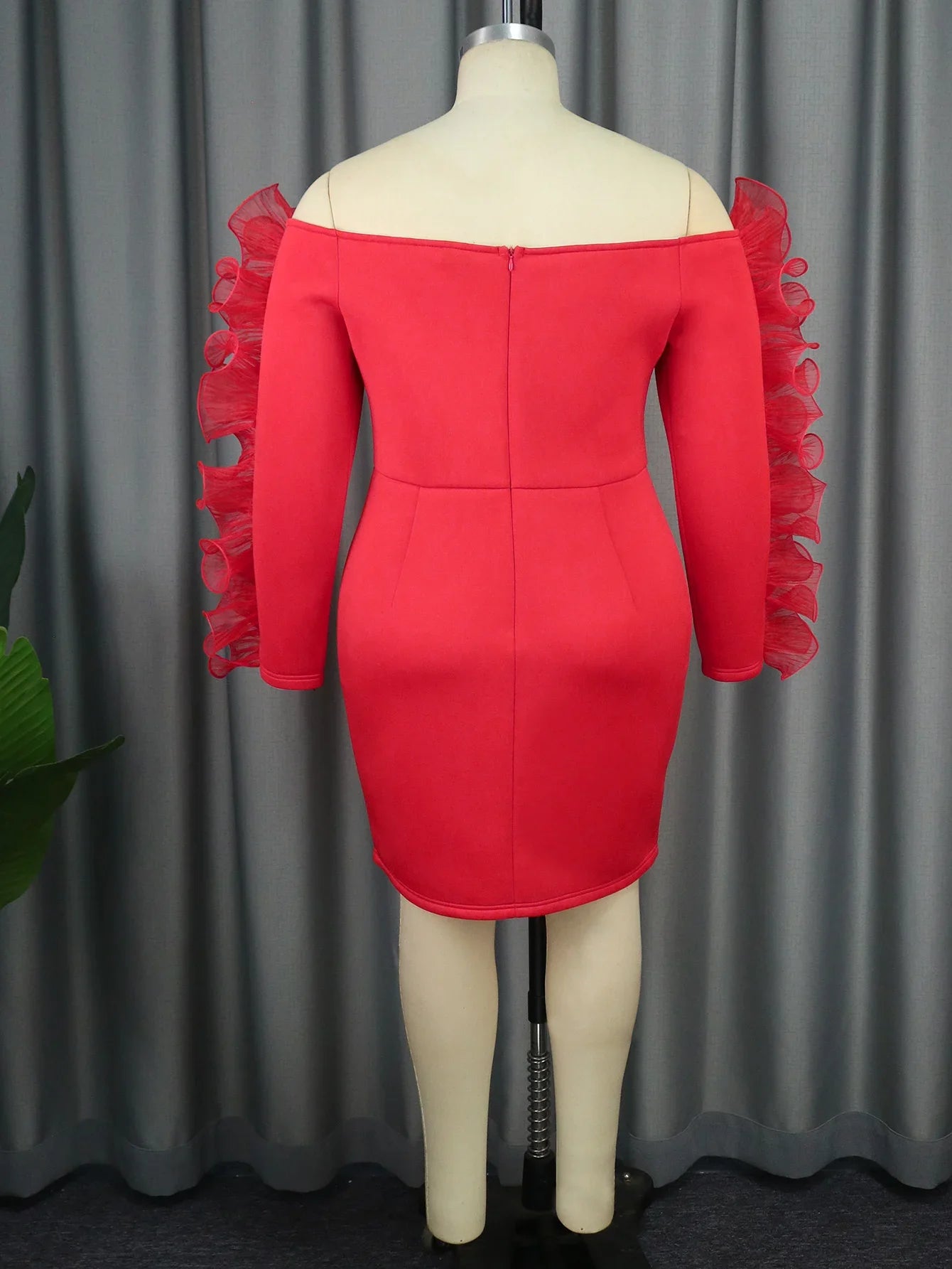 Red Skinny Sexy Slash Neck Ruffles Midi Dress.