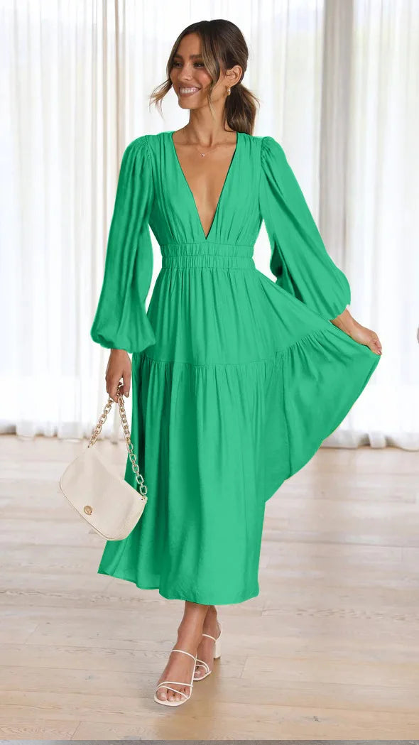 Slim Pleated V Neck Long Sleeve Dress.