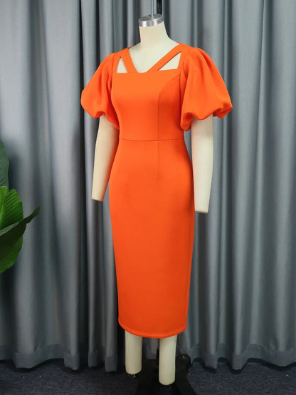 Women Short Lantern Sleeve Mid-Calf Dress.