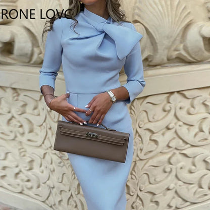 Three Quarter Sleeves Scarf Collar Midi Dress.