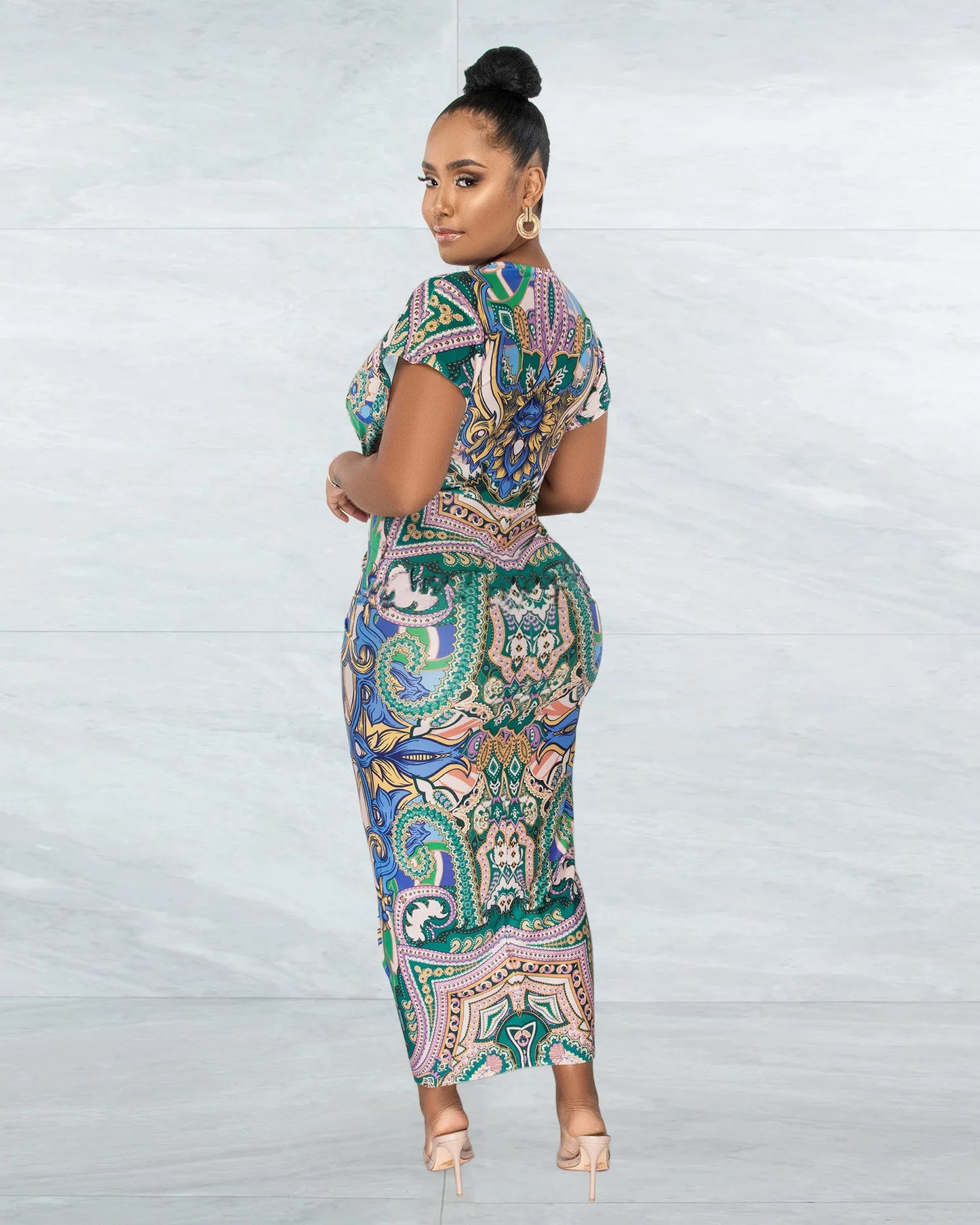 V-neck Slim Fit Printed Split Pleated Evening Dress.