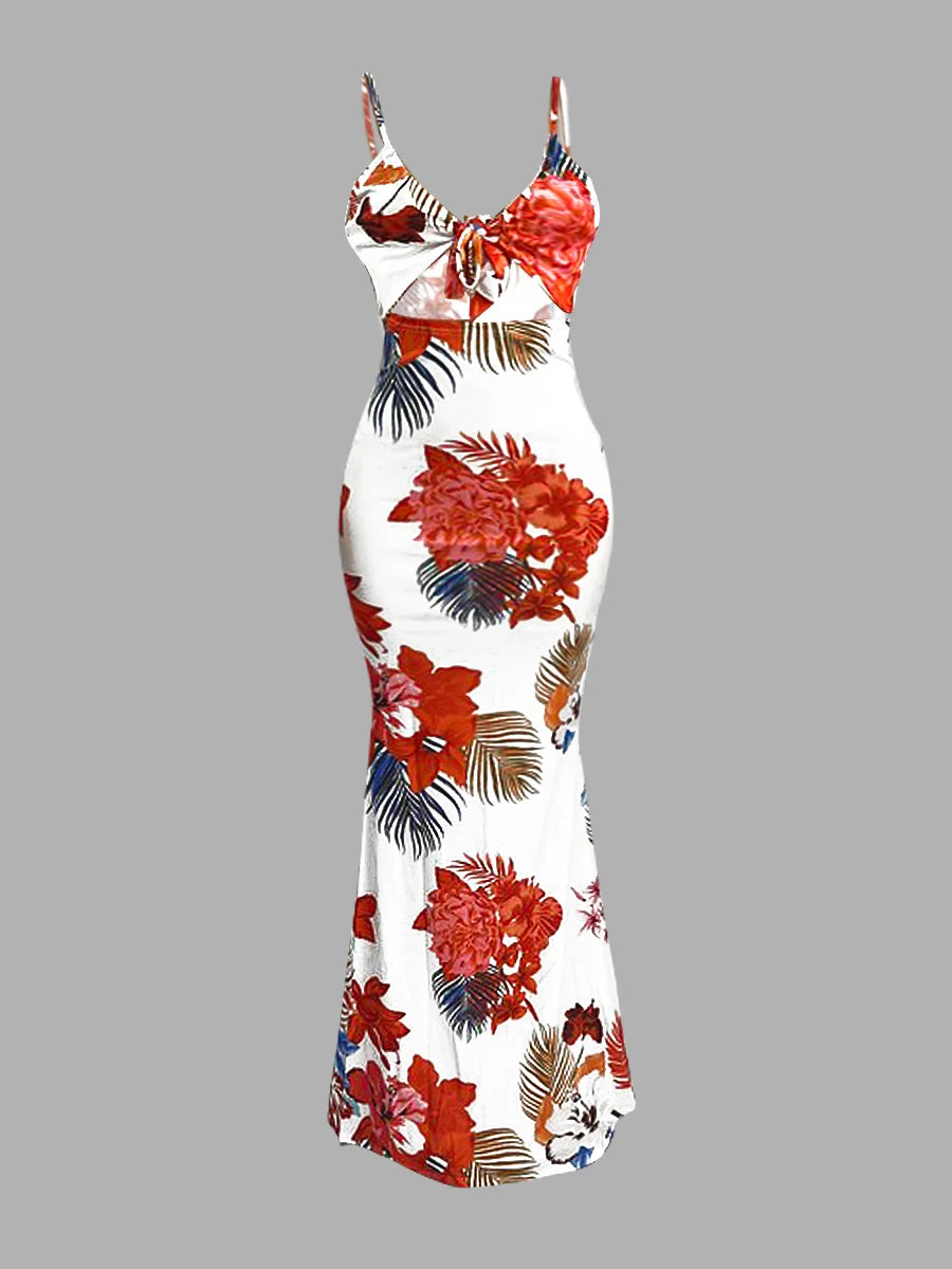 Floral Print Bandage Hollow-out Yellow Floor Length Dress.