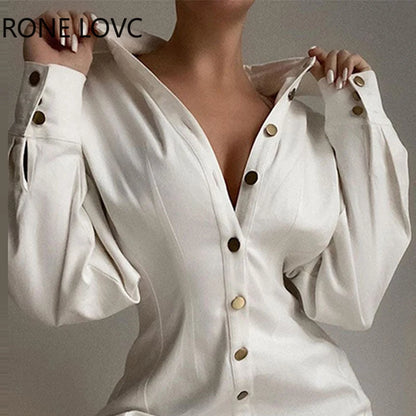 Long Sleeve Button Mini Shirt White Dress.