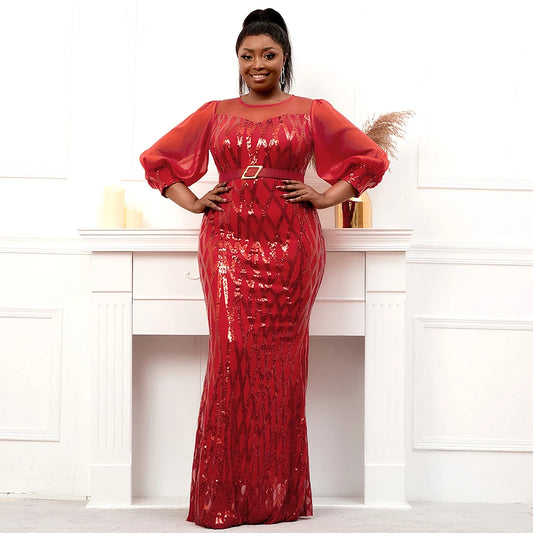 Plus Size Stretch Bright Red Sequin Evening Dress.