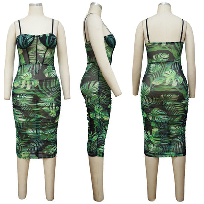 Wrapped Hip with Hanging Strap Printed Waist Wrapping Dress.