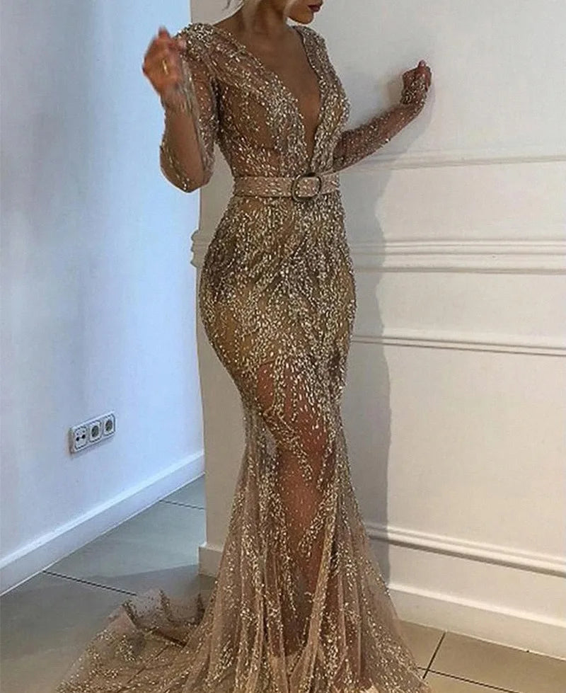 Women's Evening Sequin Long Sleeve Dress.