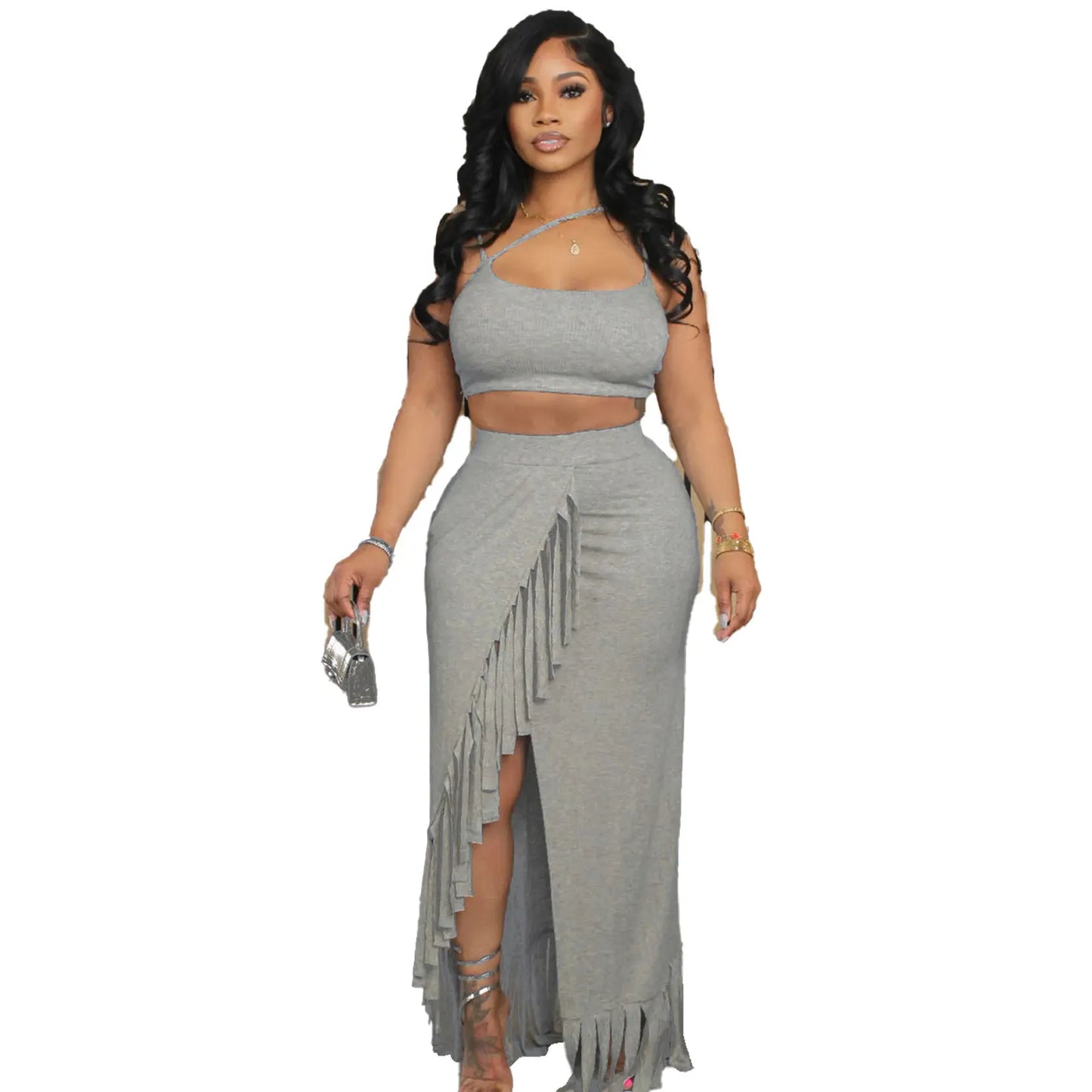 Suspender Wrapped Chest Top, Split Tassel Dress.