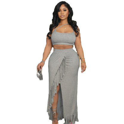 Suspender Wrapped Chest Top, Split Tassel Dress.