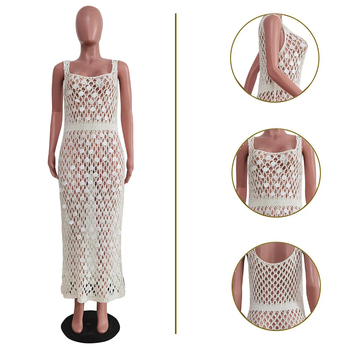 Hollow Out Hand Knitted Split Sequin Tank Top Dress.