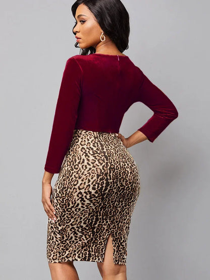 Sexy Leopard Print V-neck Long-sleeved Work Dress.