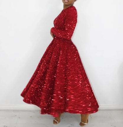 Round Neck Long Sleeved Solid Colour Sequin High Waisted Long Dress.